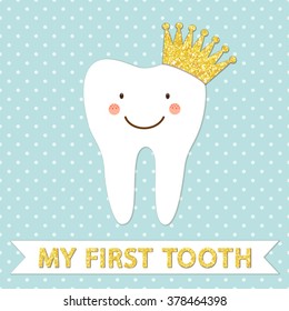 Cute smiling cartoon character of first baby tooth with golden glitter crown