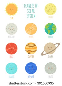 Cute smiling cartoon characters of planets of solar system, can be used for kids education as cards, books, banners. Childish background