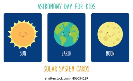 Cute smiling cartoon characters of planets of solar system, can be used for kids education as cards, books, banners. Childish background