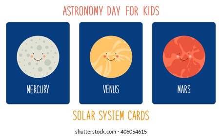 Cute smiling cartoon characters of planets of solar system, can be used for kids education as cards, books, banners. Childish background