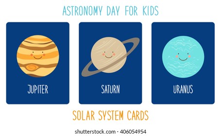 Cute smiling cartoon characters of planets of solar system, can be used for kids education as cards, books, banners. Childish background