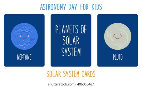 Cute smiling cartoon characters of planets of solar system, can be used for kids education as cards, books, banners. Childish background