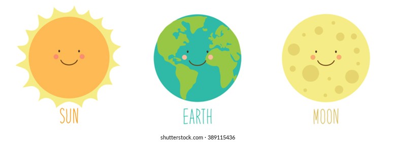 Cute smiling cartoon characters of Sun, Earth and Moon