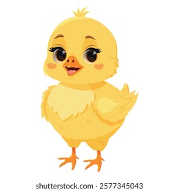 Cute smiling cartoon chick on white isolated background. Vector chick character. Easter chicken. Baby chick mascot