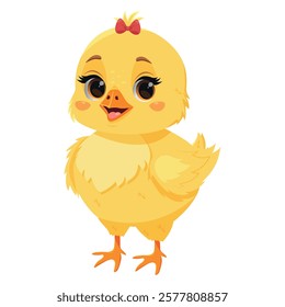 Cute smiling cartoon chick with red bow on white isolated background. Vector chick character. Easter chicken. Baby chick mascot