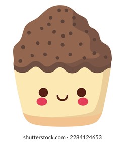 Cute smiling cartoon chocolate cupcake over white
