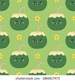 Cute smiling cartoon coconut with straw characters and tropical flowers vector seamless pattern background.