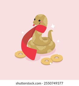 Cobra espirrada de desenho animado bonito com cachecol vermelho. Conceito de Ano Novo Chinês. Ilustração vetorial.