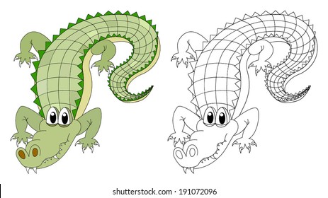 Cute smiling cartoon crocodile. vector art image illustration, isolated on white background, colorful and outline