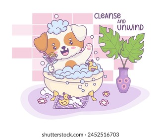 Cute smiling cartoon dog bathes in bath with foam and relaxing with cocktail. Funny kawaii animal character. Vector illustration. Cool card about water treatments in bathroom and relaxing holidays