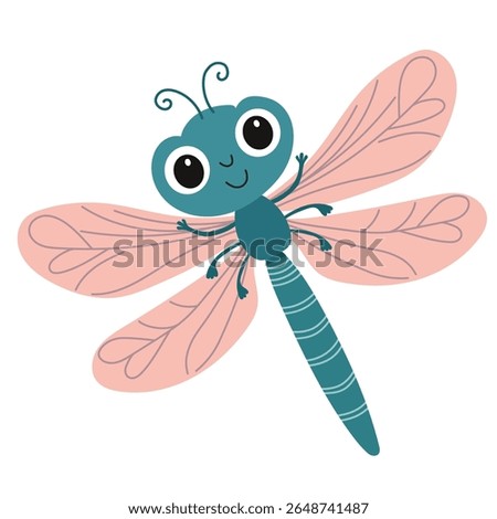 Cute Smiling Cartoon Dragonfly. Dragonfly Isolated on White Background. Hand Drawn Vector Art.