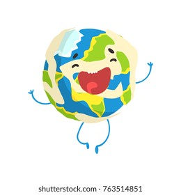 Cute smiling cartoon Earth planet character jumping, funny globe emoji vector Illustration