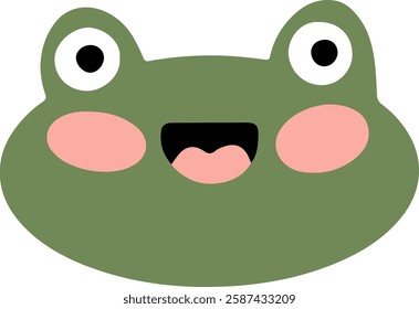 Cute smiling cartoon frog. Head of a drawn green toad. Clip art of a small funny animal character for kids designs. Icon, symbol, badge, mascot, avatar of kind frog. Simple flat color vector image.