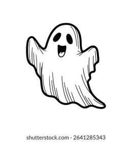 Cute smiling cartoon ghost character floating in the air, perfect for Halloween designs on white with png file.