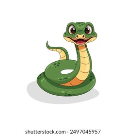 Cute smiling cartoon green snake white isolated background. New year of 2025 animal snake symbol. Chinese zodiac snake symbol.