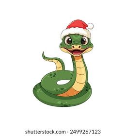 Cute smiling cartoon green snake in Santa Claus red hat white isolated background. New year of 2025 animal snake symbol. 