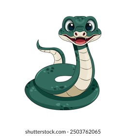 Cute smiling cartoon green snake white isolated background. New year of 2025 animal snake symbol. Chinese zodiac snake symbol.