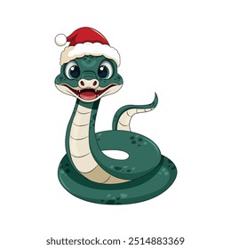 Cute smiling cartoon green snake in Santa Claus red hat  white isolated background. New year of 2025 animal snake symbol. Chinese zodiac snake symbol.