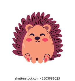 Cute smiling cartoon hedgehog seated . Adorable hedgehog cartoon character. Vector illustration isolate on white for children book ,banner and logo .