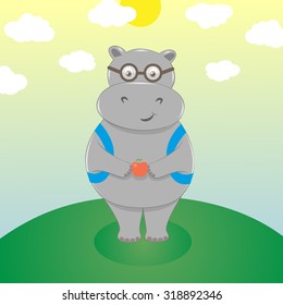 Cute smiling cartoon hippo in eyeglasses with backpack and an apple. Scholar go to school, back to school. Vector illustration