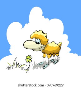 Cute smiling cartoon lamb with four-leaf clover