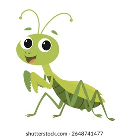 Cute Smiling Cartoon Mantis. Mantis Isolated on White Background. Hand Drawn Vector Art.