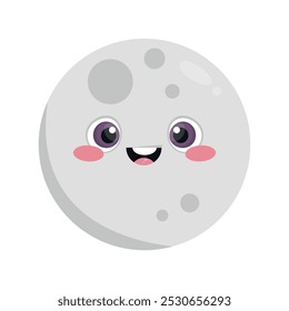 Cute smiling cartoon moon character. Moon mascot in childish style isolated on white background. Vector illustration