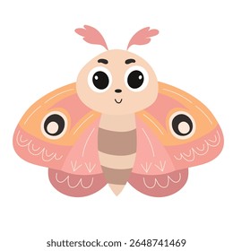 Cute Smiling Cartoon Moth. Moth Isolated on White Background. Hand Drawn Vector Art.