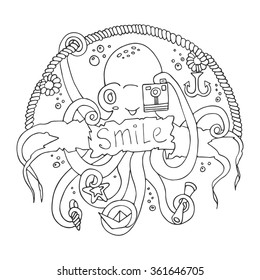 Cute smiling cartoon octopus with a camera.Vector illustration hand-drawn design with a banner for text. For children's parties, invitations and other design.