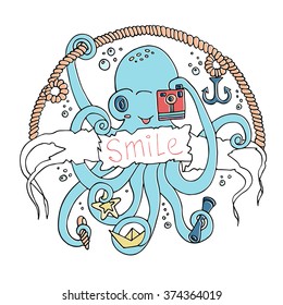 Cute smiling cartoon octopus with a camera.Vector illustration hand-drawn design with a banner for text. For children's parties, invitations and other design.