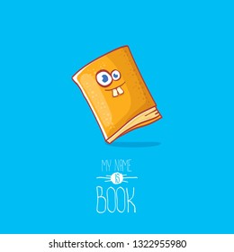 cute smiling cartoon orange book character with eyes isolated on blue background. My name is book vector concept illustration. Back to school design elements 