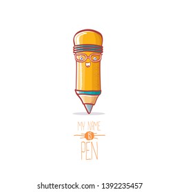 cute smiling cartoon orange pen character with eyes isolated on white background. My name is pen vector concept illustration. Back to school design elements