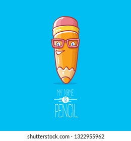 cute smiling cartoon orange pencil character with eyes and eraser isolated on blue background. My name is pencil vector concept illustration. Back to school design elements