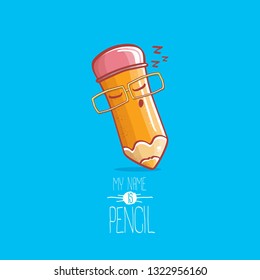 cute smiling cartoon orange pencil character with eyes and eraser isolated on blue background. My name is pencil vector concept illustration. Back to school design elements