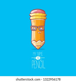 cute smiling cartoon orange pencil character with eyes and eraser isolated on blue background. My name is pencil vector concept illustration. Back to school design elements