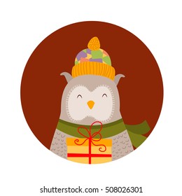 Cute smiling cartoon owl in hat and scarf holding Merry Christmas gift box. Winter holidays concept. Happy New Year greeting card, banner, design. Vector illustration of forest bird with present.