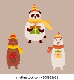 Cute smiling cartoon panda and bears in hat and scarf holding Merry Christmas gift box. Winter holidays concept. Happy New Year greeting card. Vector illustration of forest, north, polar animals.