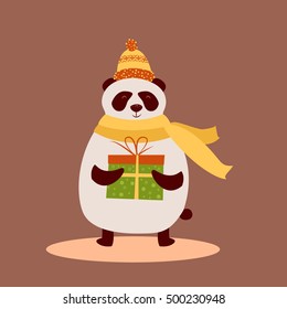 Cute smiling cartoon panda in hat and scarf holding Merry Christmas gift box. Winter holidays concept. Happy New Year greeting card, banner. Vector illustration of forest animal bear with present.
