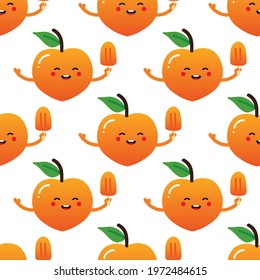 Cute smiling cartoon peach fruit character holding ice cream, popsicle vector seamless pattern background for food design.
