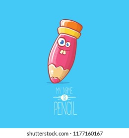 cute smiling cartoon pink pencil character with eyes and eraser isolated on blue background. My name is pencil vector concept illustration. Back to school design elements