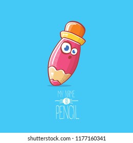 cute smiling cartoon pink pencil character with eyes and eraser isolated on blue background. My name is pencil vector concept illustration. Back to school design elements