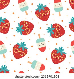 cute smiling cartoon pink strawberry character in sunglasses and ice cream, vector seamless pattern for summer design