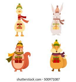 Cute smiling cartoon rabbit, duck, squirrel, fox in hat and scarf holding Merry Christmas gift box. Winter holidays concept. Happy New Year greeting card, banner. Forest animals and farm bird.