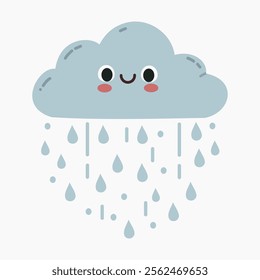 Cute smiling cartoon rainy cloud vector illustration isolated on white background	