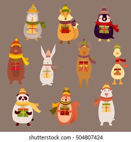 Cute smiling cartoon reindeer, owl, penguin, bear, rabbit, duck, squirrel, fox, panda in hat and scarf with Merry Christmas gift box. Winter holidays concept. Happy New Year greeting card, banner.