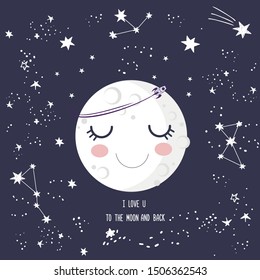 Cinta caricatura sonriente durmiendo luna con los ojos cerrados, cráteres, estrellas, cohete, letras te amo a la luna y de vuelta. Tarjeta de saludo, buenas noches, dulces sueños, espacio exterior con estrellas en caída