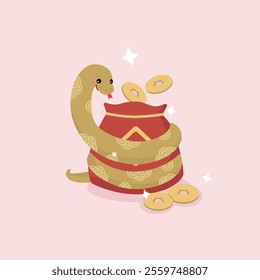 Cute smiling cartoon snake coiled around red bag full of coins. Chinese New Year zodiac sign. Vector illustration.