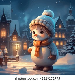 Cute smiling cartoon snowman on a christmas eve, winter city in the night