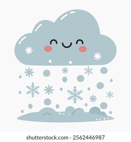 Cute smiling cartoon snowy cloud vector illustration isolated on white background	