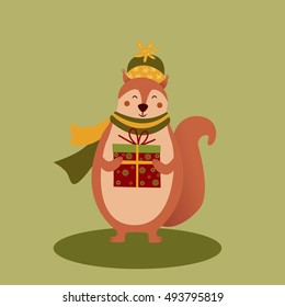 Cute smiling cartoon squirrel in hat and scarf holding Merry Christmas gift box. Winter holidays concept. Happy New Year greeting card, banner, design. Vector illustration of forest animal.